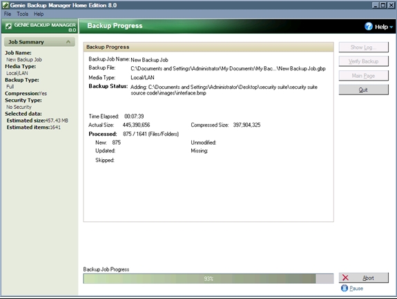 Genie Backup Manager backup in progress