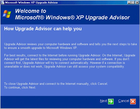 Upgrade Advisor. Connection unavailable